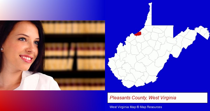 a young, female attorney in a law library; Pleasants County, West Virginia highlighted in red on a map