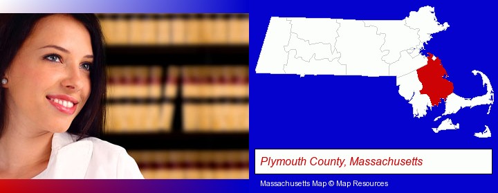 a young, female attorney in a law library; Plymouth County, Massachusetts highlighted in red on a map