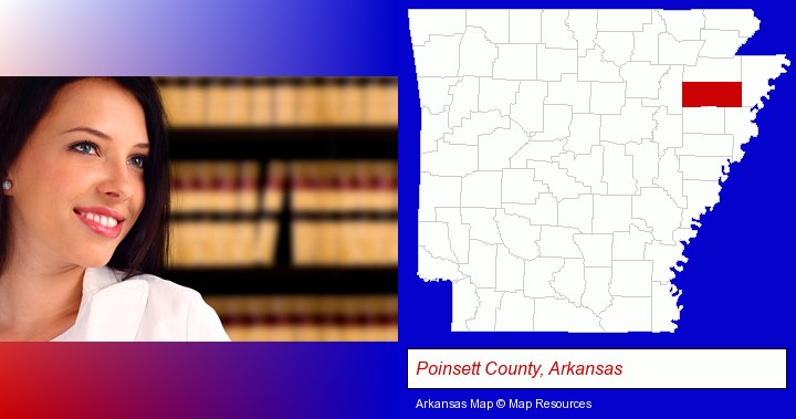 a young, female attorney in a law library; Poinsett County, Arkansas highlighted in red on a map
