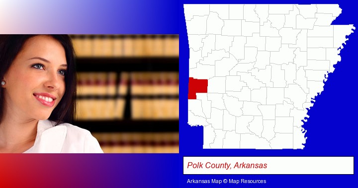 a young, female attorney in a law library; Polk County, Arkansas highlighted in red on a map