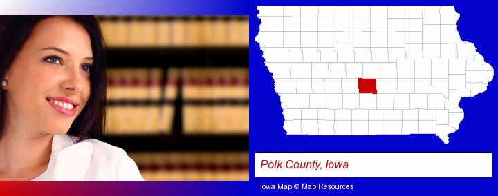 a young, female attorney in a law library; Polk County, Iowa highlighted in red on a map