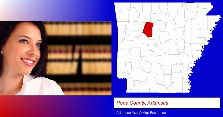 a young, female attorney in a law library; Pope County, Arkansas highlighted in red on a map