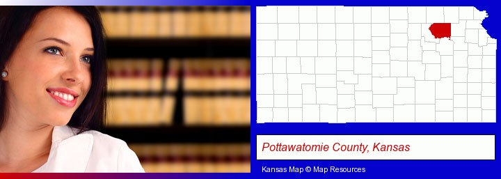 a young, female attorney in a law library; Pottawatomie County, Kansas highlighted in red on a map