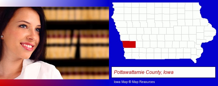 a young, female attorney in a law library; Pottawattamie County, Iowa highlighted in red on a map