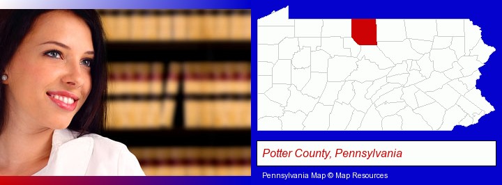 a young, female attorney in a law library; Potter County, Pennsylvania highlighted in red on a map