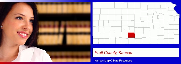 a young, female attorney in a law library; Pratt County, Kansas highlighted in red on a map