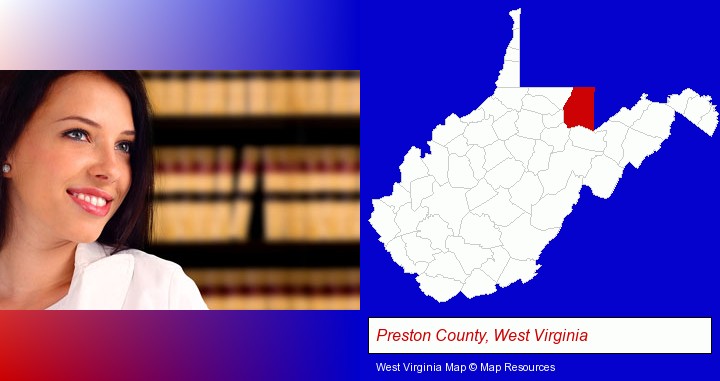 a young, female attorney in a law library; Preston County, West Virginia highlighted in red on a map