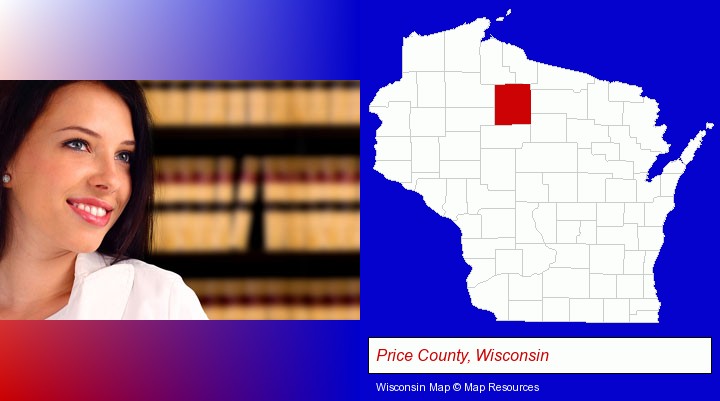 a young, female attorney in a law library; Price County, Wisconsin highlighted in red on a map