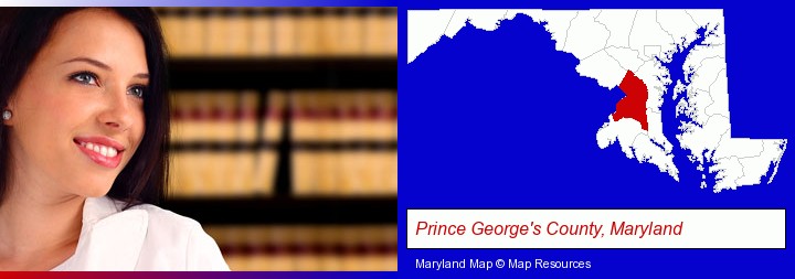 a young, female attorney in a law library; Prince George's County, Maryland highlighted in red on a map