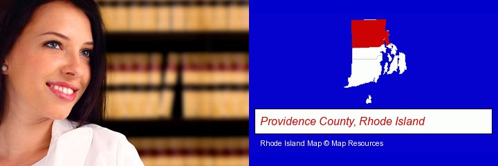 a young, female attorney in a law library; Providence County, Rhode Island highlighted in red on a map