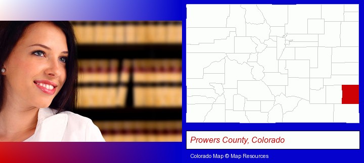a young, female attorney in a law library; Prowers County, Colorado highlighted in red on a map