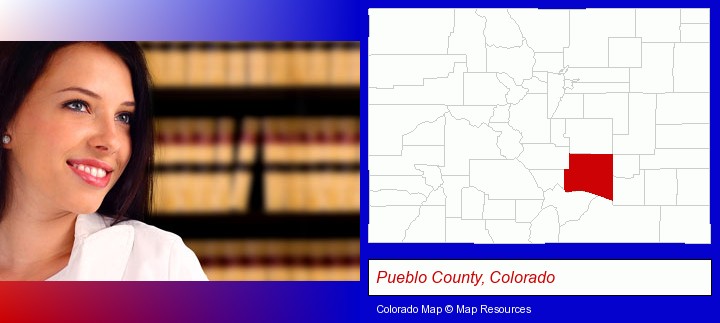 a young, female attorney in a law library; Pueblo County, Colorado highlighted in red on a map