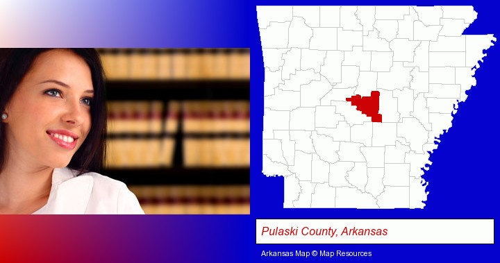 a young, female attorney in a law library; Pulaski County, Arkansas highlighted in red on a map