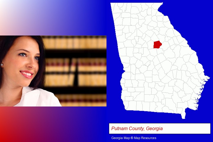a young, female attorney in a law library; Putnam County, Georgia highlighted in red on a map