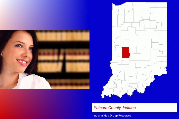 a young, female attorney in a law library; Putnam County, Indiana highlighted in red on a map