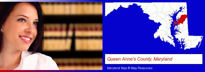 a young, female attorney in a law library; Queen Anne's County, Maryland highlighted in red on a map