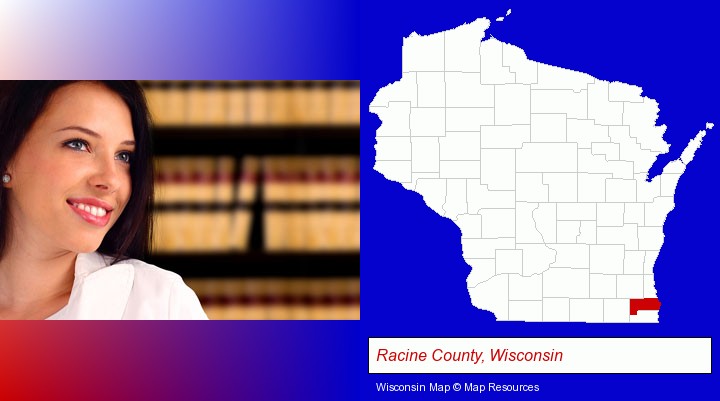 a young, female attorney in a law library; Racine County, Wisconsin highlighted in red on a map
