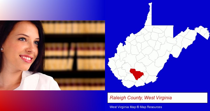 a young, female attorney in a law library; Raleigh County, West Virginia highlighted in red on a map