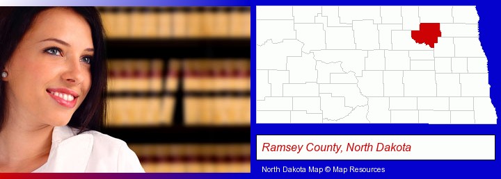 a young, female attorney in a law library; Ramsey County, North Dakota highlighted in red on a map