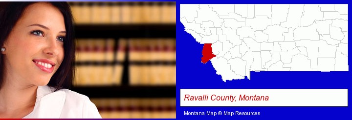a young, female attorney in a law library; Ravalli County, Montana highlighted in red on a map