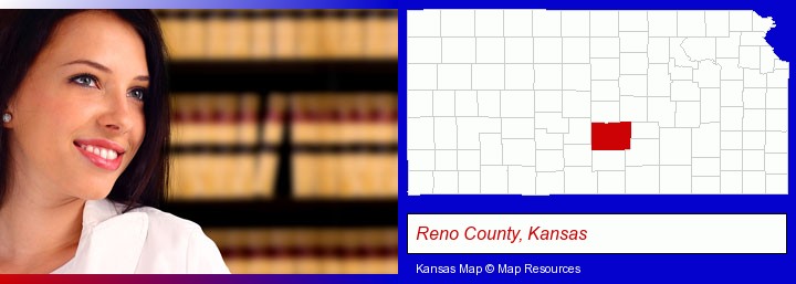 a young, female attorney in a law library; Reno County, Kansas highlighted in red on a map