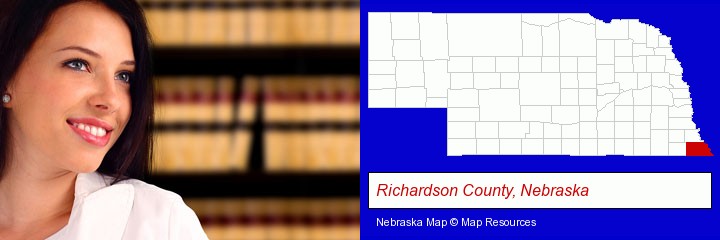 a young, female attorney in a law library; Richardson County, Nebraska highlighted in red on a map