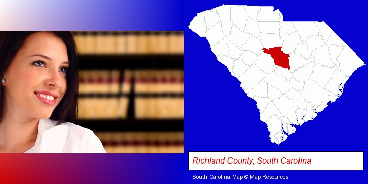 a young, female attorney in a law library; Richland County, South Carolina highlighted in red on a map