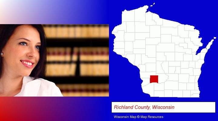 a young, female attorney in a law library; Richland County, Wisconsin highlighted in red on a map