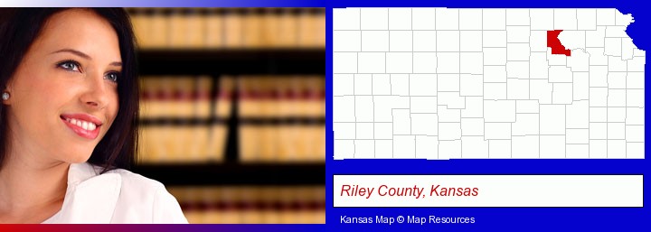 a young, female attorney in a law library; Riley County, Kansas highlighted in red on a map