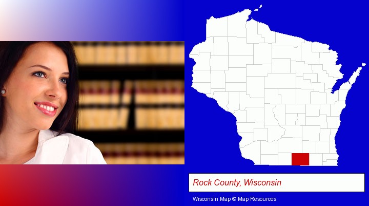 a young, female attorney in a law library; Rock County, Wisconsin highlighted in red on a map