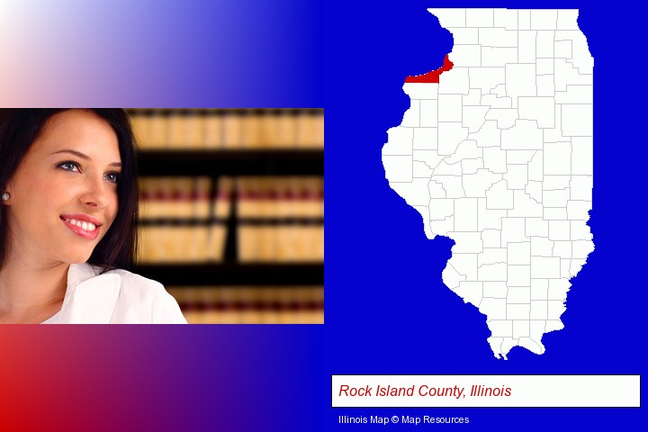 a young, female attorney in a law library; Rock Island County, Illinois highlighted in red on a map