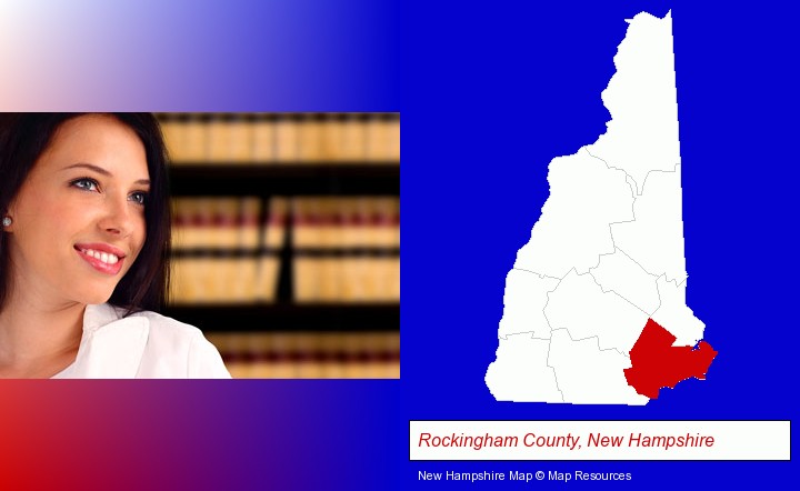 a young, female attorney in a law library; Rockingham County, New Hampshire highlighted in red on a map