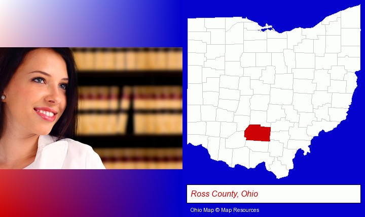 a young, female attorney in a law library; Ross County, Ohio highlighted in red on a map