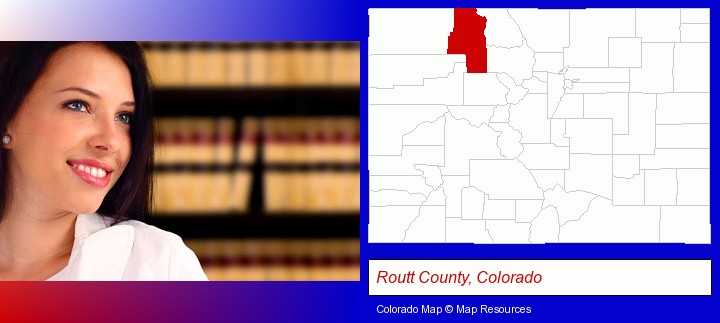 a young, female attorney in a law library; Routt County, Colorado highlighted in red on a map