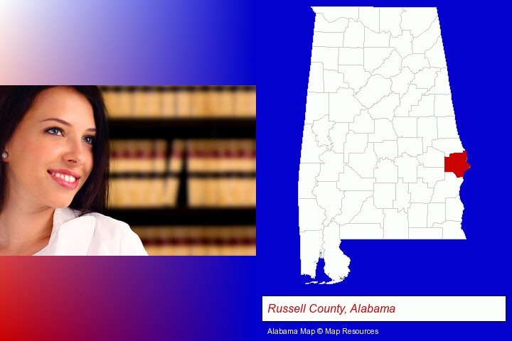 a young, female attorney in a law library; Russell County, Alabama highlighted in red on a map