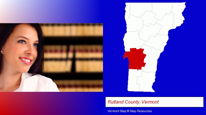 a young, female attorney in a law library; Rutland County, Vermont highlighted in red on a map