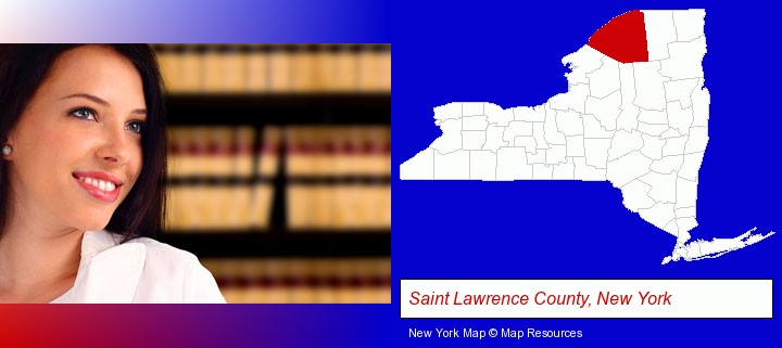 a young, female attorney in a law library; Saint Lawrence County, New York highlighted in red on a map