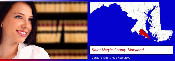 a young, female attorney in a law library; Saint Mary's County, Maryland highlighted in red on a map