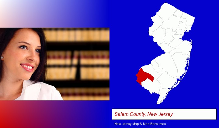 a young, female attorney in a law library; Salem County, New Jersey highlighted in red on a map