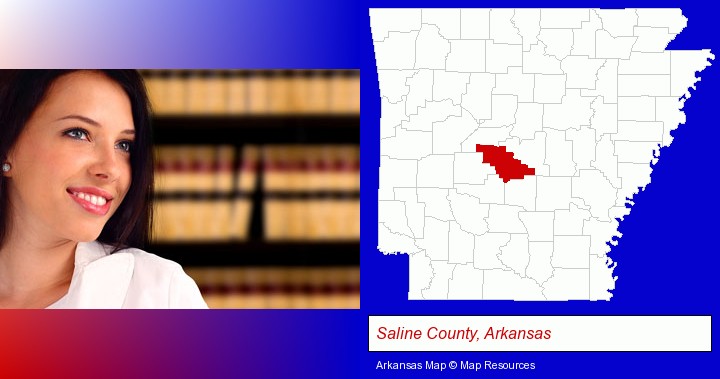 a young, female attorney in a law library; Saline County, Arkansas highlighted in red on a map