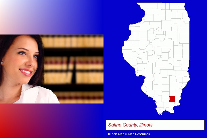 a young, female attorney in a law library; Saline County, Illinois highlighted in red on a map