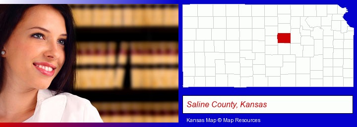 a young, female attorney in a law library; Saline County, Kansas highlighted in red on a map