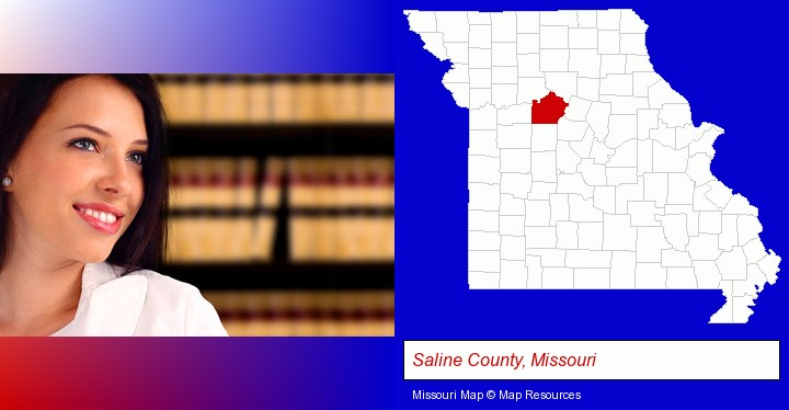 a young, female attorney in a law library; Saline County, Missouri highlighted in red on a map
