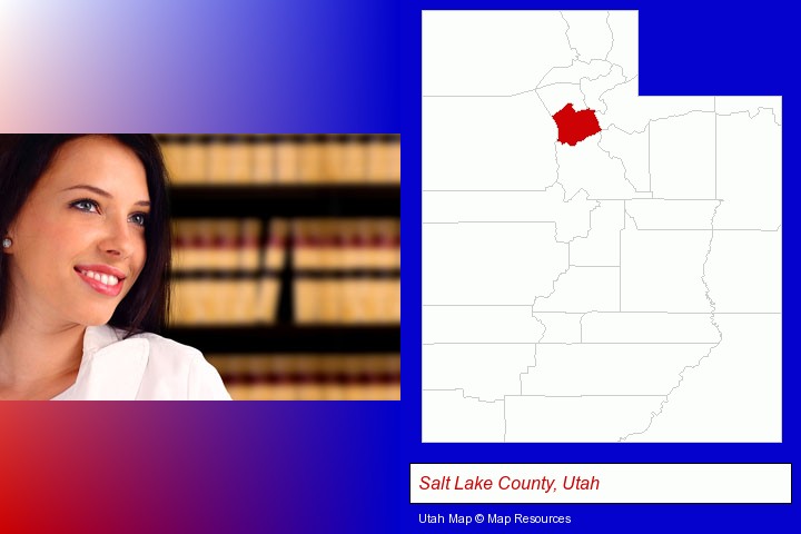 a young, female attorney in a law library; Salt Lake County, Utah highlighted in red on a map