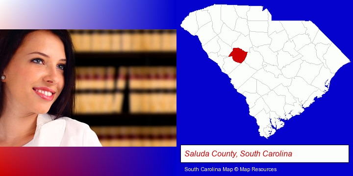 a young, female attorney in a law library; Saluda County, South Carolina highlighted in red on a map