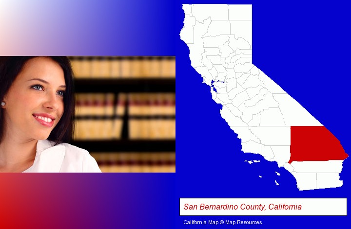 a young, female attorney in a law library; San Bernardino County, California highlighted in red on a map