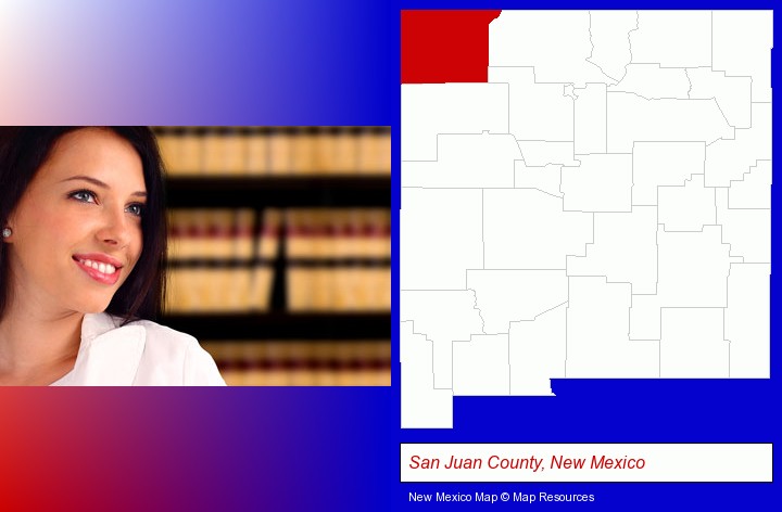 a young, female attorney in a law library; San Juan County, New Mexico highlighted in red on a map