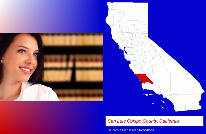 a young, female attorney in a law library; San Luis Obispo County, California highlighted in red on a map