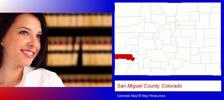 a young, female attorney in a law library; San Miguel County, Colorado highlighted in red on a map