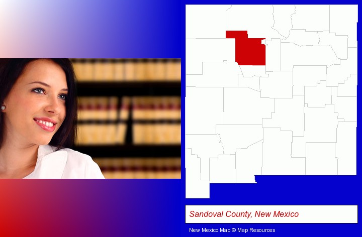 a young, female attorney in a law library; Sandoval County, New Mexico highlighted in red on a map